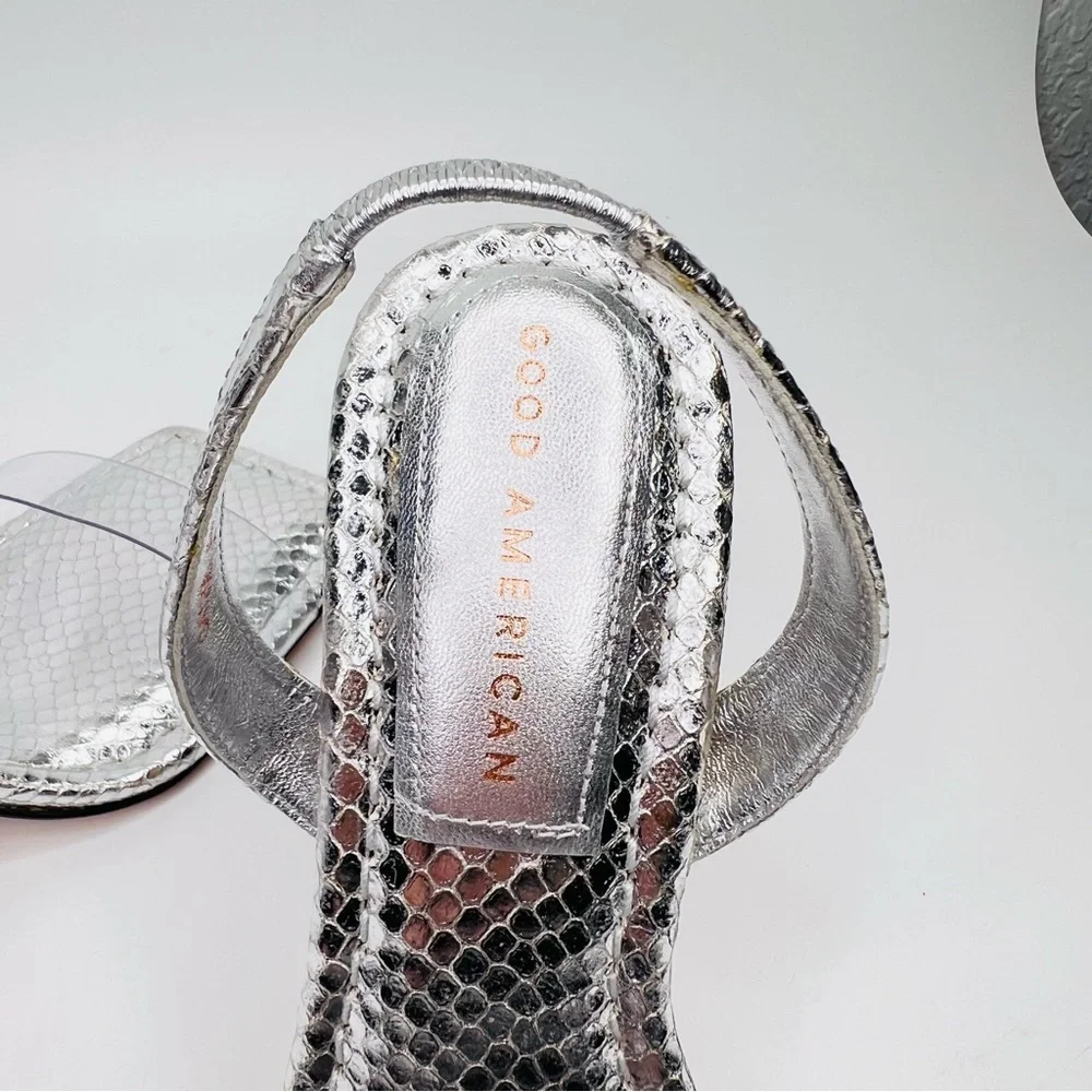 Good American Silver Snake Skin & Lucite Square Toe Slingback Stiletto Heels